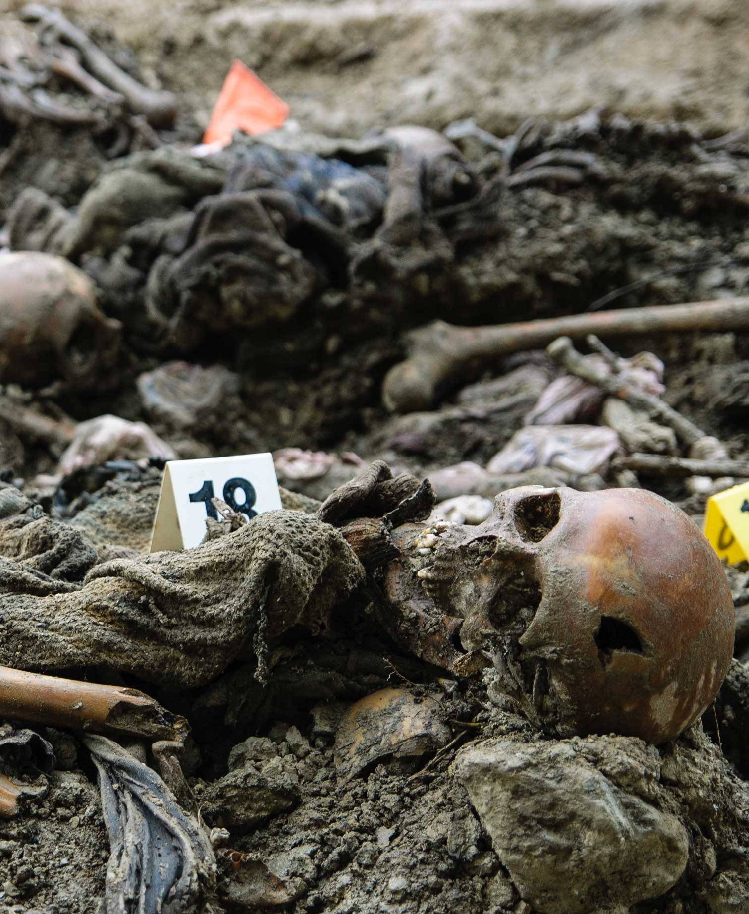 Gebeine bei einer Exhumation von Opfern des Genozids bei Srebrenica. Massengrab bei Budak in der Nähe des Potocari Memorial Center, 11.07.2007, Fotografin: Jasmin Agovic