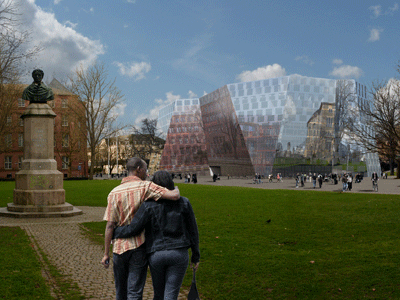 Ausblick auf die neue UB (Visualisierung). Im Vordergrund der noch nicht umgestaltete Platz der Alten Synagoge mit dem Rotteckdenkmal.
