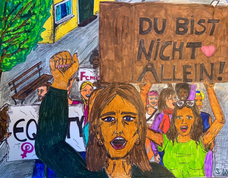 Frauen Faust ausgetreckt mit Plakat